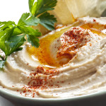 Closeup of hummus with spices.