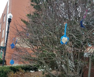 Stars of David hanging from trees in the Squirrel Hill neighborhood of Pittsburgh.